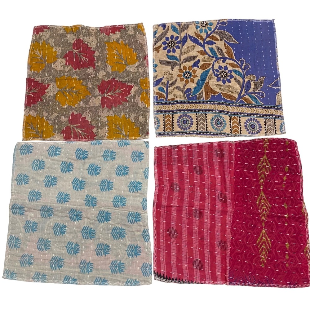 Reusable Kantha Cloth Napkins Handmade Set of 4 Cotton Floral Geometric